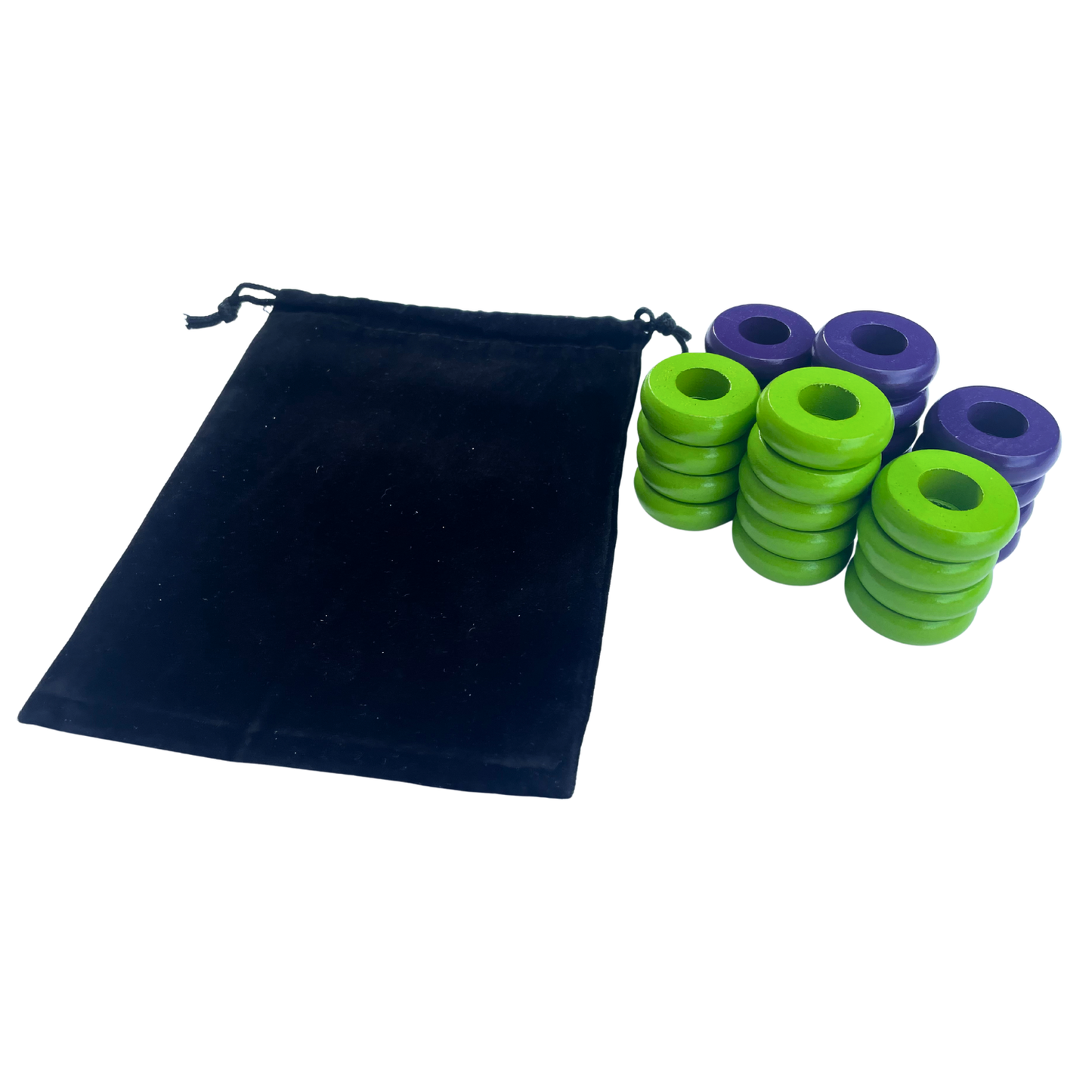 32 Purple and Lime Green Carrom / Pichenotte Rings