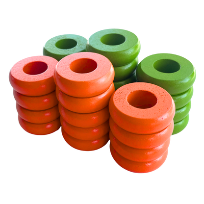 32 Orange and Lime Green Carrom / Pichenotte Rings
