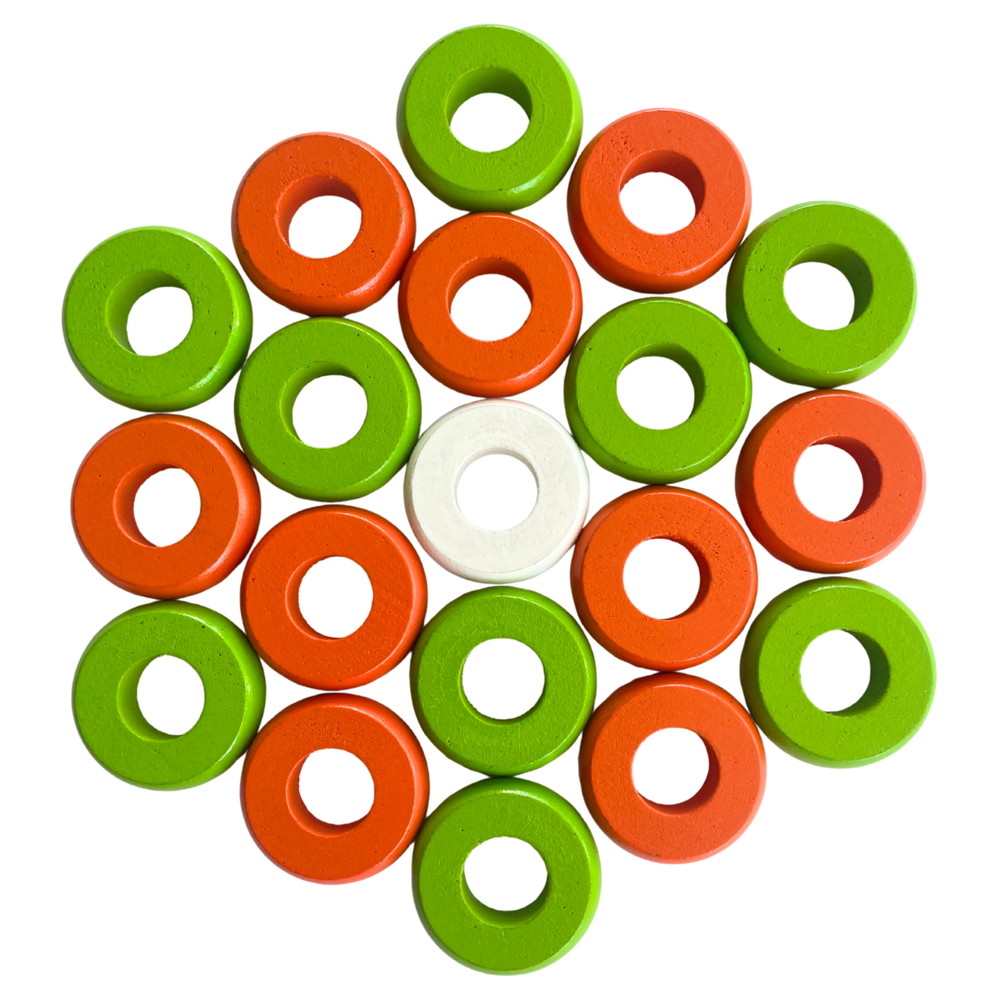 32 Orange and Lime Green Carrom / Pichenotte Rings