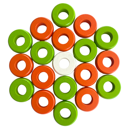 32 Orange and Lime Green Carrom / Pichenotte Rings