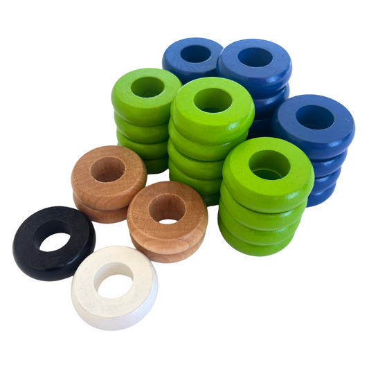 32 Blue and Lime Green Carrom / Pichenotte Rings