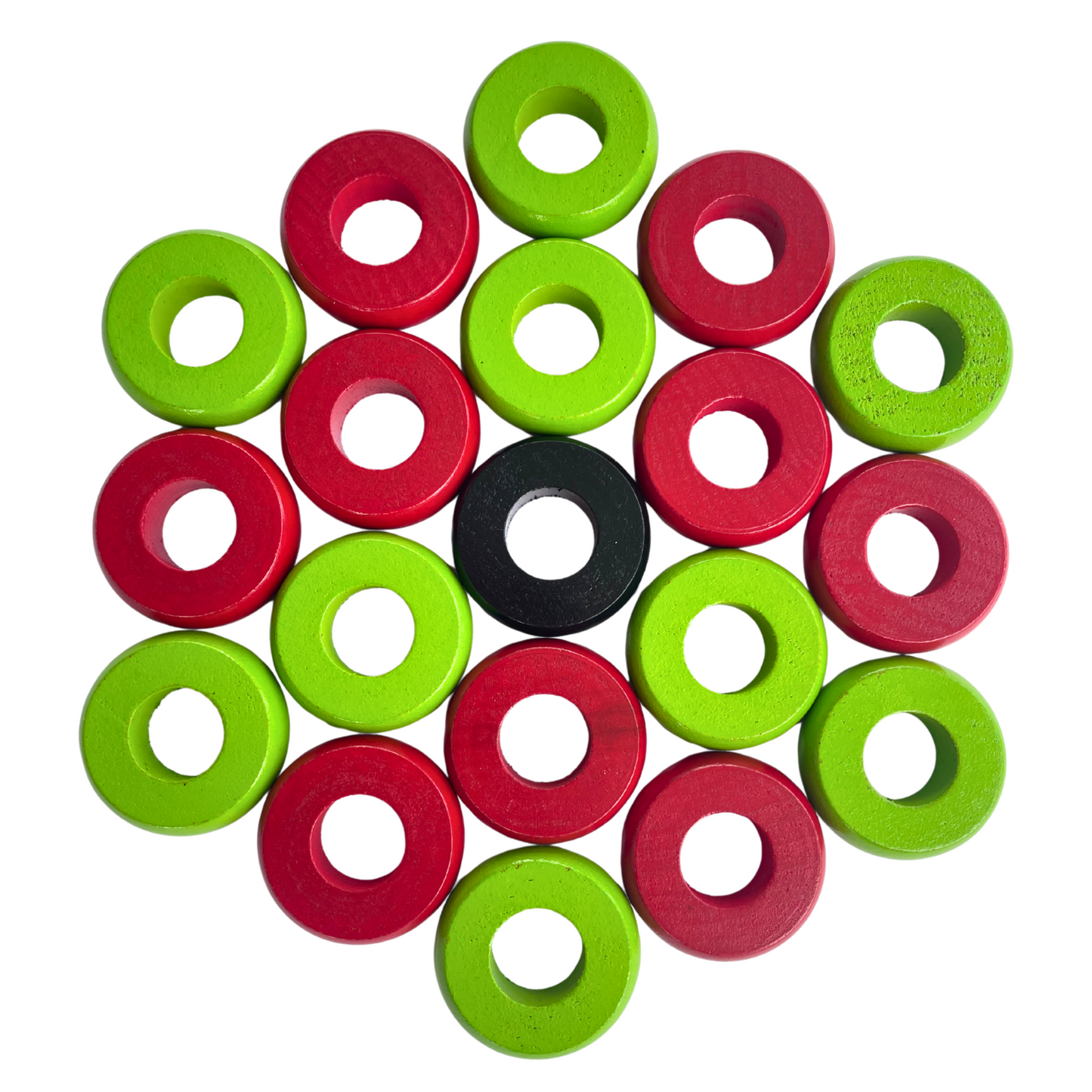 32 Red and Lime Green Carrom / Pichenotte Rings
