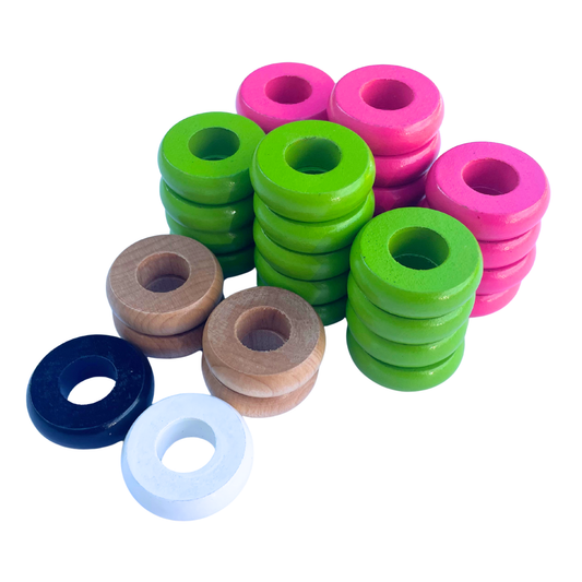 32 Pink and Lime Green Carrom / Pichenotte Rings