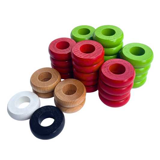 32 Red and Lime Green Carrom / Pichenotte Rings