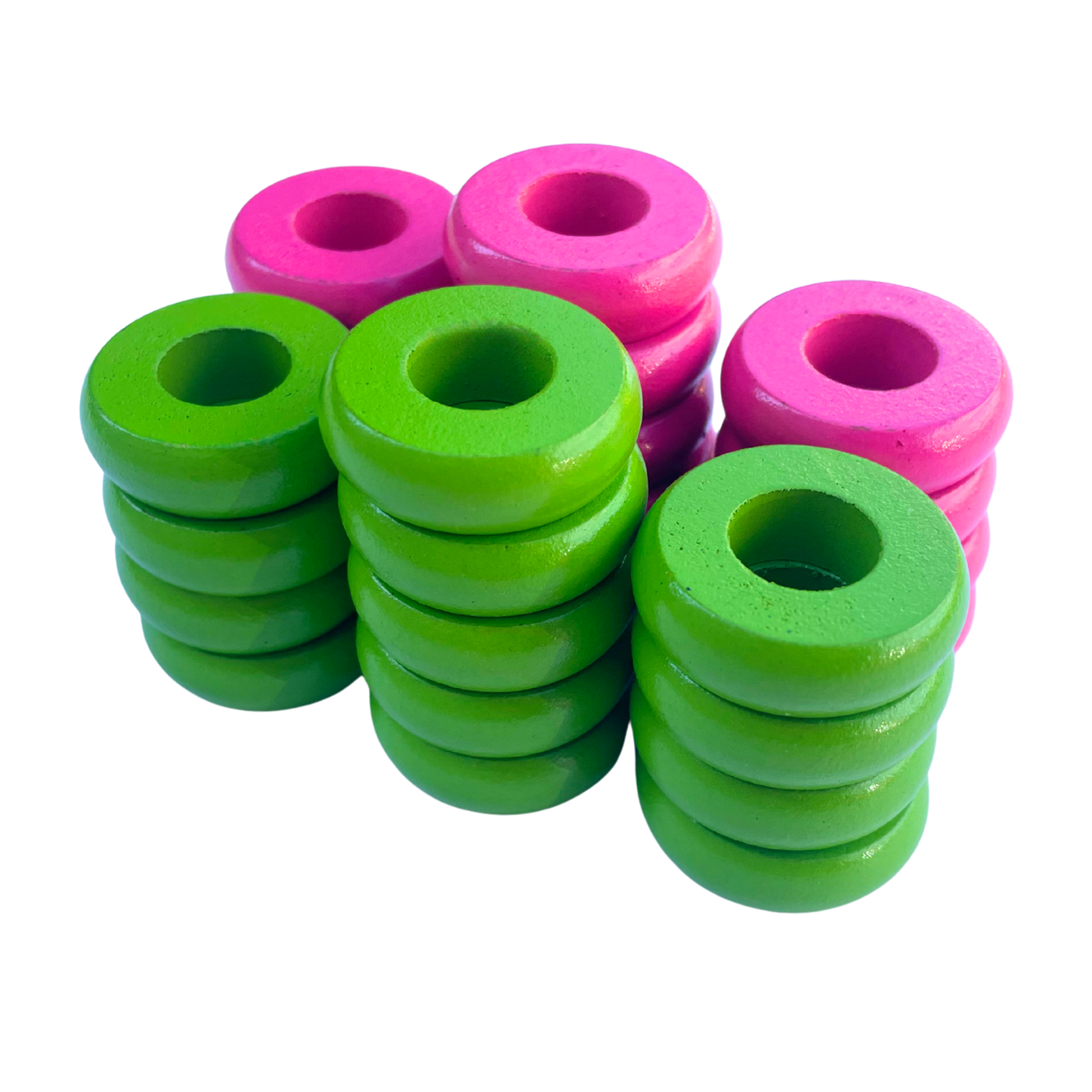 32 Pink and Lime Green Carrom / Pichenotte Rings