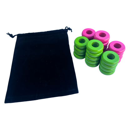 32 Pink and Lime Green Carrom / Pichenotte Rings