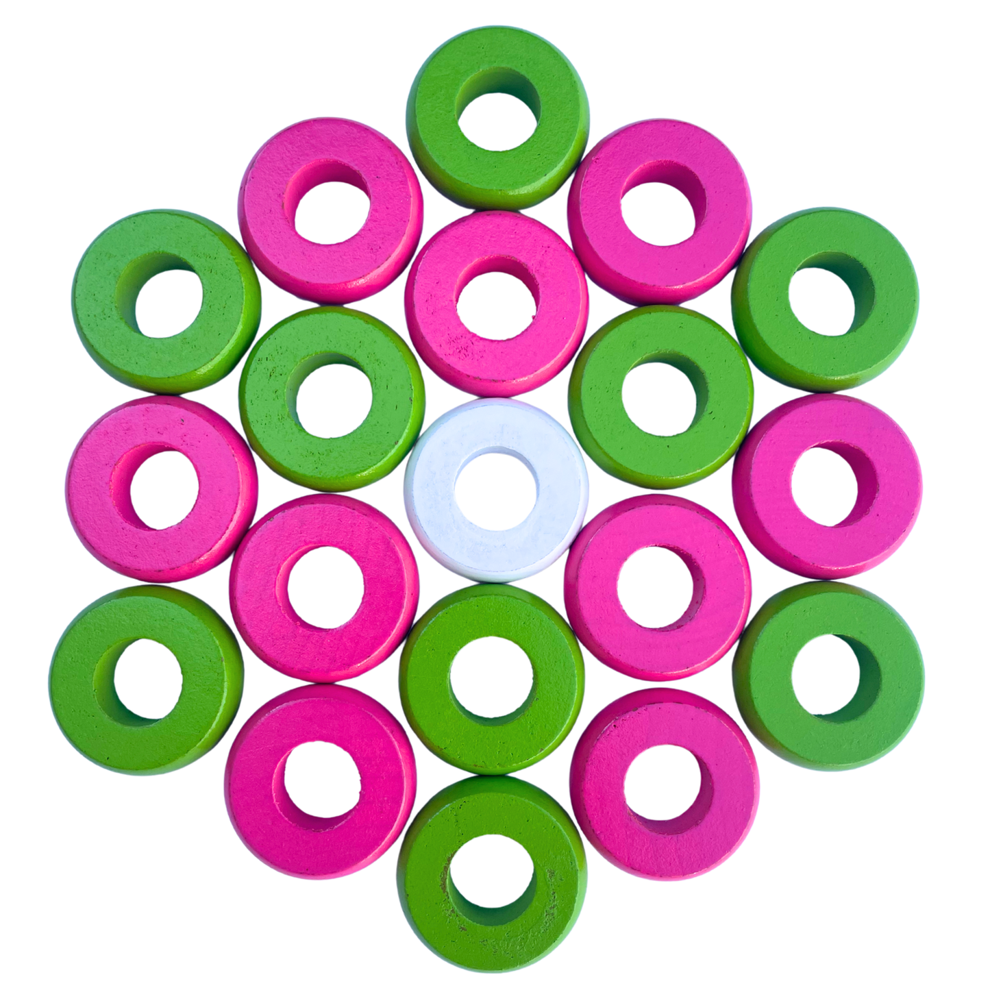 32 Pink and Lime Green Carrom / Pichenotte Rings