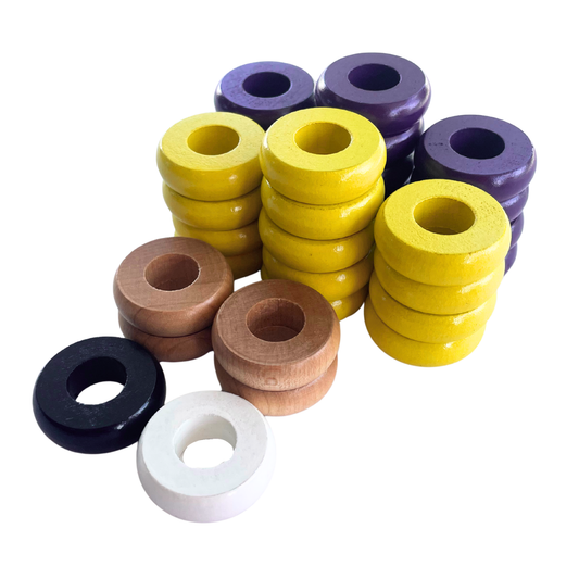 32 Yellow and Purple Carrom / Pichenotte Rings