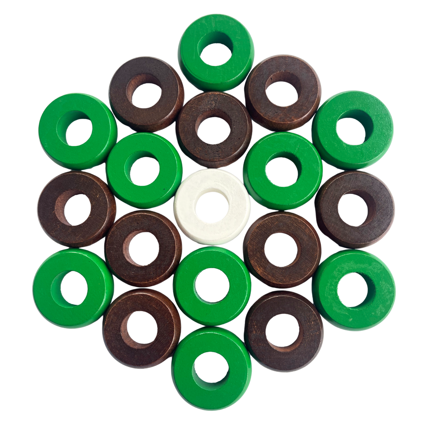 32 Green and Walnut Carrom / Pichenotte Rings