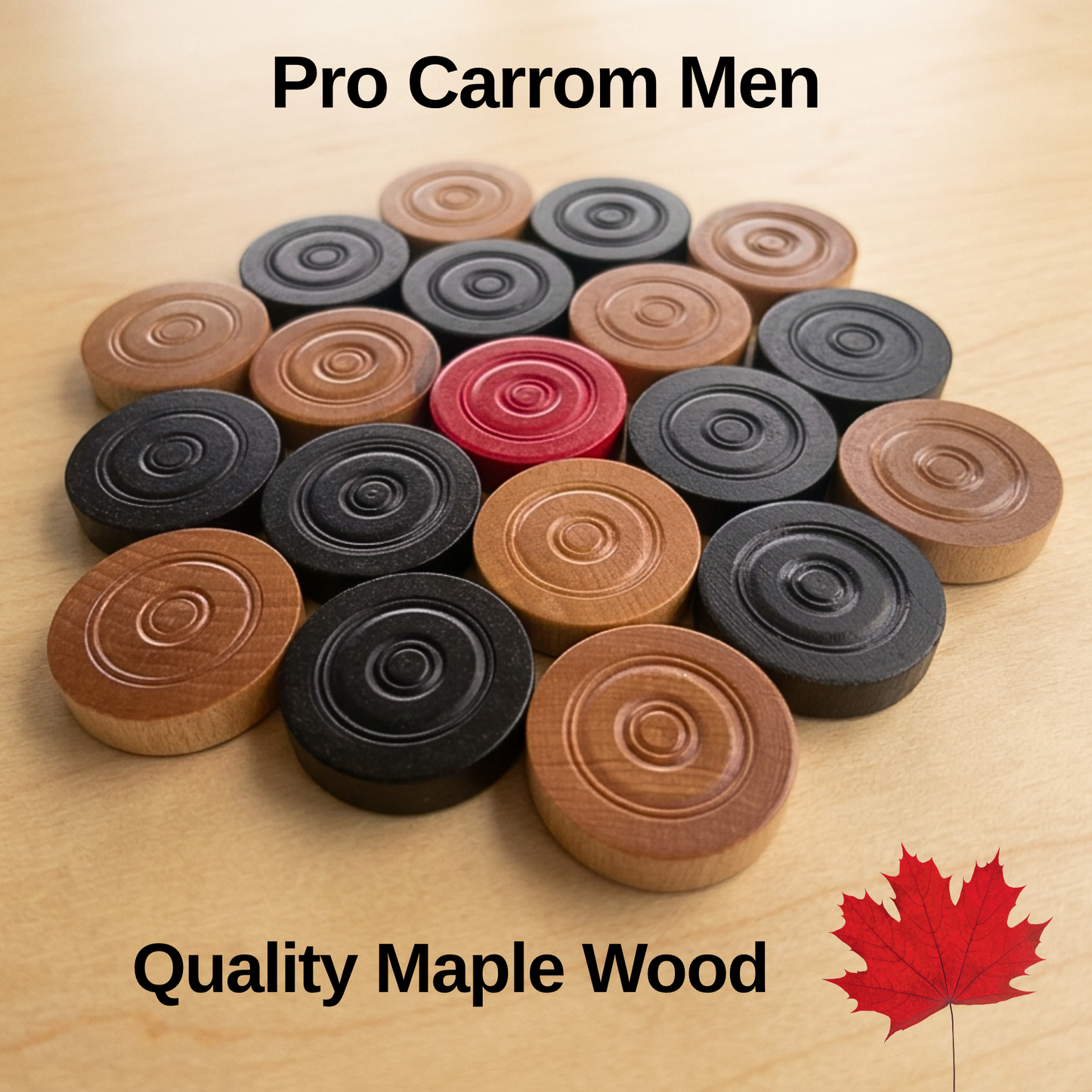 22 Traditional Carrom Board Game Men (10 Black / 10 Natural / 2 Red Queens) - Carrom Canada