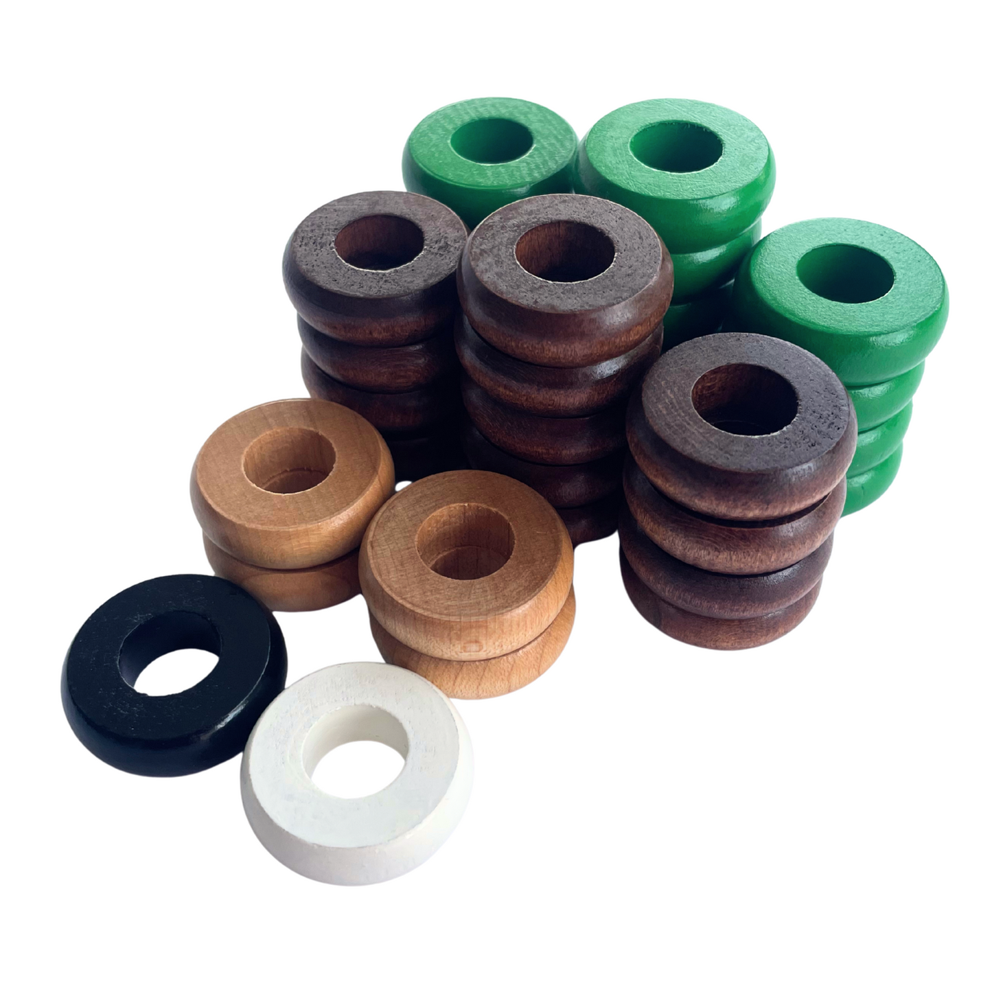 32 Green and Walnut Carrom / Pichenotte Rings