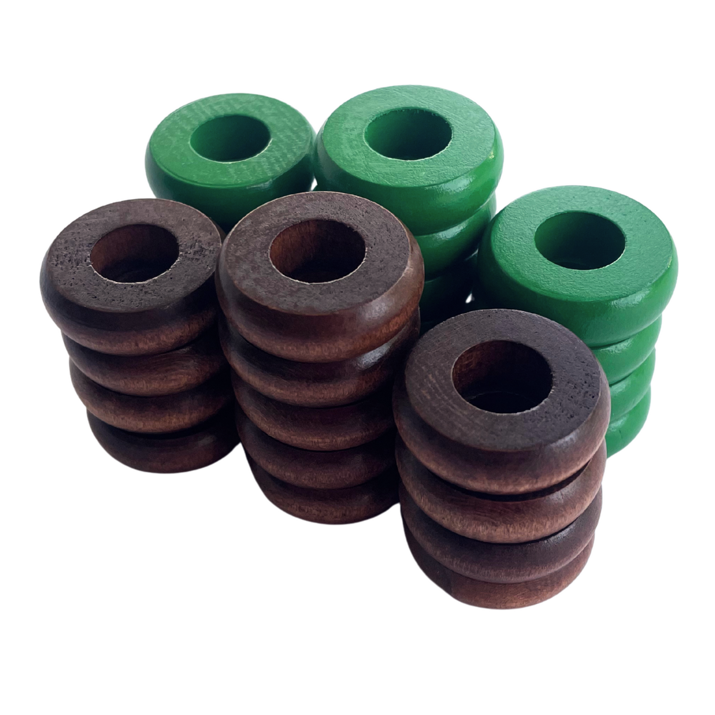 32 Green and Walnut Carrom / Pichenotte Rings