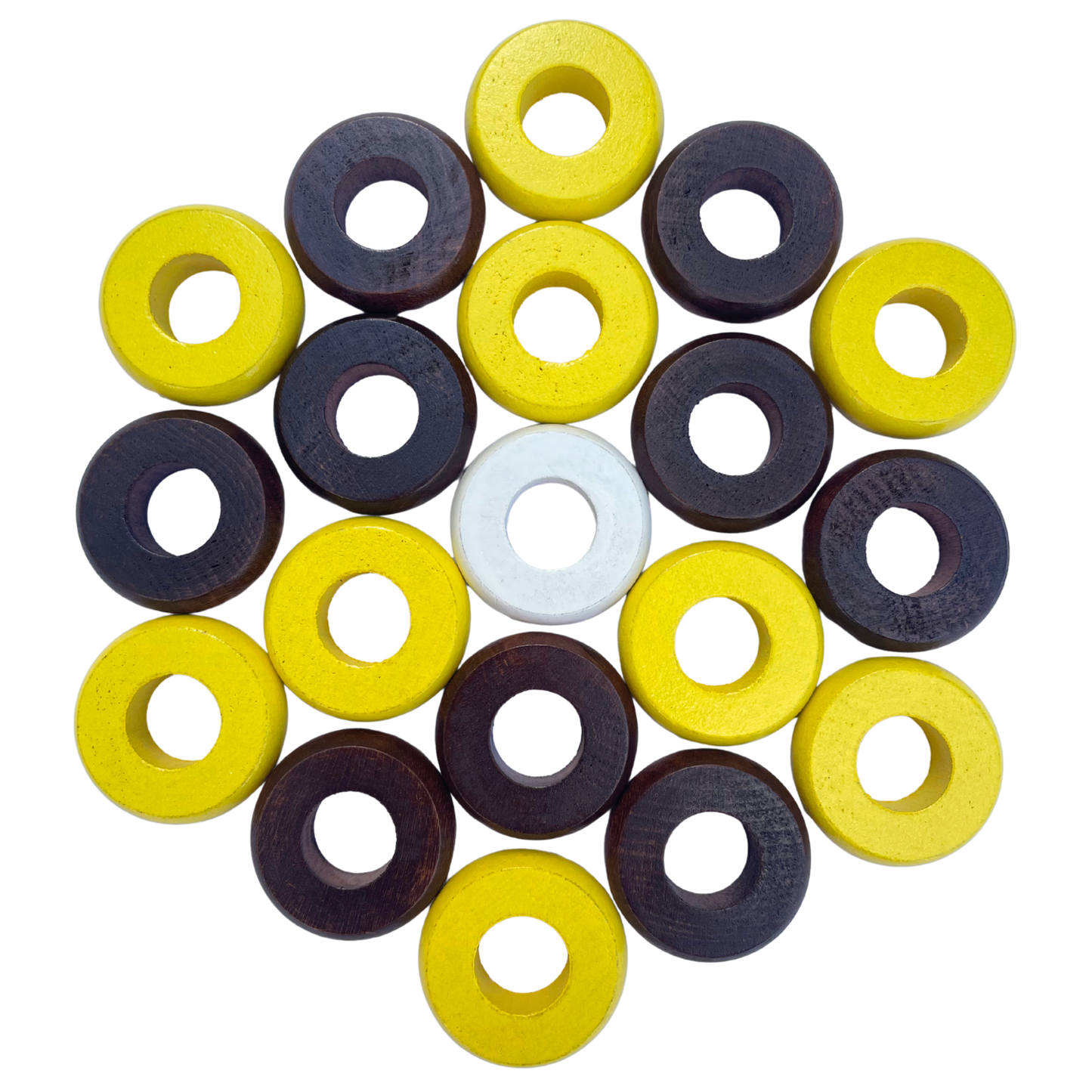 32 Yellow and Walnut Carrom / Pichenotte Rings