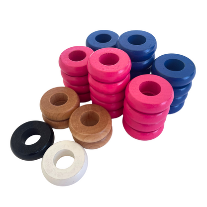 32 Blue and Pink Carrom / Pichenotte Rings