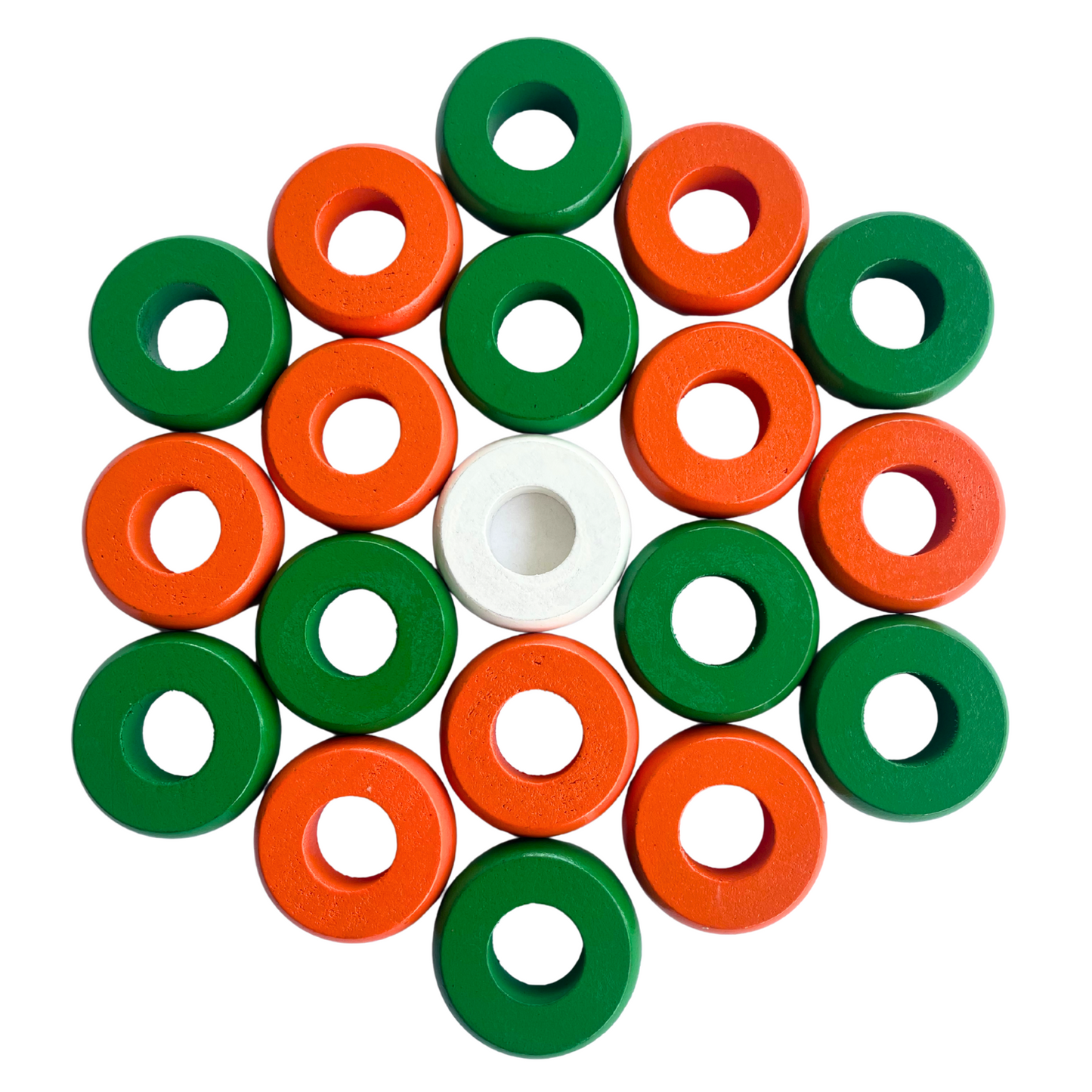 32 Green and Orange Carrom / Pichenotte Rings