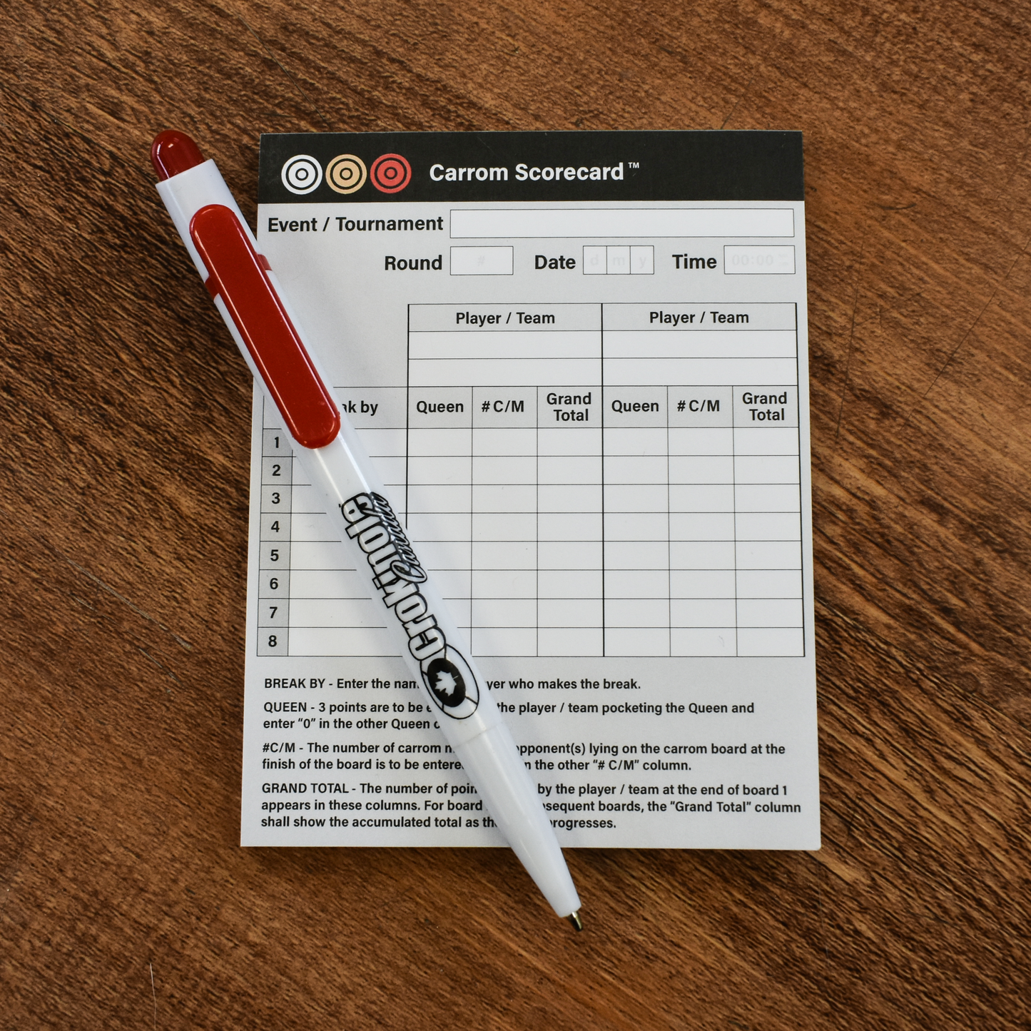 Tournament Carrom Scorecards for Tournament and Home Play